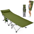 Costway Folding Camping Cot Heavy-Duty Outdoor Cot Bed w/ Side Storage Pocket Green