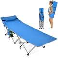 Costway Folding Camping Cot Heavy-Duty Outdoor Cot Bed w/ Side Storage Pocket Blue