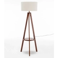 New Oriental Cherry Rubberwood Tripod Floor Lamp with Round Shelf and Off White Linen Shade