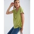 KATIES - Womens Tops - Basil Green - Short Sleeve Blouse - Knit - Side Rusched - Cowl Neck Top - Knitwear - Lightweight T Shirt - Women's Clothing
