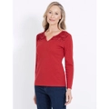 NONI B - Womens All Season Tops - Red Tshirt / Tee - Cotton - Casual Clothing - Barbados Cherry - Fitted - Long Sleeve - V Neck - Regular - Work Wear