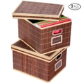 Costway 2x Bamboo Storage Boxes Folding Picnic Baskets Large Organizer Hamper w/Removable Lids & Metal Handles Coffee