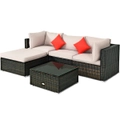 Costway 5PCS Patio Furniture Outdoor Rattan Sofa Lounge Set w/Cushions Glass Top Table Foot Pads Garden Backyard Beige