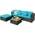 Costway 5PCS Patio Furniture Outdoor Rattan Sofa Lounge Set w/Cushions Glass Top Table Foot Pads Garden Backyard