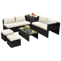 Costway 8pcs Outdoor Sofa Set All-weather Rattan Couch Patio Lounge Furniture Garden w/Storage Box&Tempered Table White