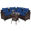 Costway 4PCS Patio Furniture Outdoor Rattan Sofa Set Lounge Couch Setting w/Glass Table Garden Backyard Navy