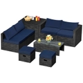 Costway 8pcs Outdoor Sofa Set All-weather Rattan Couch Patio Lounge Furniture Garden w/Storage Box&Tempered Table Navy