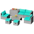 Costway 8pcs Outdoor Sofa Set All-weather Wicker Lounge Couch Patio Furniture w/Storage Box&Tempered Table Turquoise