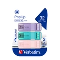 3pc Verbatim Pop-Up USB Sticks 2.0 32GB Triple Pack Pastel Colours 57x9mm Assort