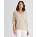 KATIES - Womens Jumper - Regular Winter Sweater - Beige Pullover - Elbow Sleeve - Knitwear - 3/4 Sleeve - Natural - Relaxed Fit - V Neck - Pointelle