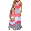 Nevenka Mommy and Me Matching Dresses Colorblock Sleeveless Long Skirt-Pink Grey White