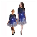 Nevenka Parent Child Christmas Print Mid Sleeve Dress-Blue Galaxy Stars