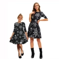Nevenka Parent Child Christmas Print Mid Sleeve Dress-Black Snowflake