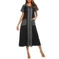 Nevenka Womens Colorblock Zip Robe Loose Casual Short Sleeve Dress with Pockets-Black Grey
