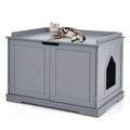 Costway Wood Side Table Cat Litter Storage Cabinet Enclosed Kitty Litter Box Pet House Furniture Cupboard w/2 Doors & Divider Grey