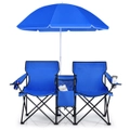 Costway 2-Seater Camping Chair Folding Moon Chairs w/Umbrella Insulated Cooler Bag Cupholders Beach Camping Fishing
