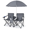 Costway 2-Seater Portable Camping Chair Double Outdoor Chair w/Umbrella Cooler Bag Beach Picnic Fishing Grey