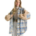 Nevenka Womens Plaid Jacket Sherpa Patchwork Thickened Oversized Coat-Blue