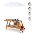 Costway Kids Kitchen Playset Wood Cooking Toy Cart Pretend Cooker Play Trolley Indoor Outdoor w/Umbrella & Cookware Birthday Gift