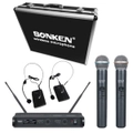 Sonken WM-800D (with Case) Pro UHF Wireless Microphones (2) and (2) Body Packs + Headsets with Receiver Unit