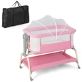 Costway 4in1 Baby Cot Bed Mobile Infant Bedside Sleeper Portacot Cradle w/Net & Storage Basket, Pink