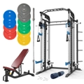 Pre Order Smith Machine Bundle - 150kg Colour Weight Plates, Barbell & Bench