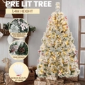 Costway 1.4M Pre-lit Christmas Tree Snow Flocked Mixed Pine Needles Flowers/LED Lights Xmas Decoration Home Garden