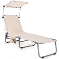 Costway Outdoor Folding Sun Lounger Bed Reclining Beach Deck Chair w/Adjustable Canopy & Storage Pocket Pool Patio Yard Garden Beige