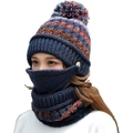 Nevenka Women Soft Knit Warm Scarf Mask Set With Pompom-NavyBlue