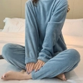 Women Autumn Winter Warm Flannel Solid Color Long Sleeve Blouse Pant Pajama Set