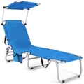 Costway Outdoor Folding Sun Lounger Bed Reclining Beach Deck Chair w/Adjustable Canopy & Storage Pocket, Pool Patio Yard Garden, Blue