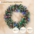 Costway 60cm Pink Fruit Wreath Stained Pre-lit Artificial Christmas Wreath Battery-operated Xmas Decor w/LED Lights Indoor