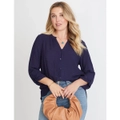 Emerge - Womens Winter Tops - Blue Blouse / Shirt - Smart Casual Office Clothing - Navy - Relaxed Fit - 3/4 Sleeve - V Neck - Regular - Work Wear