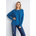 Emerge - Womens Jumper - Regular Winter Sweater - Blue Pullover - Drop Shoulder - Long Sleeve - Vintage Blue - Boat Neck - Rib Sleeve Casual Work Wear