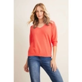 Urban - Womens Jumper - Regular Winter Sweater - Pink Pullover - Cotton Clothing - 3/4 Sleeve - Coral - V Neck - Warm Casual Work Wear - Office Outfit