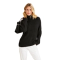 Emerge - Womens Jumper - Regular Winter Sweater Black Pullover Pointelle Detail - Long Sleeve - High Neck - Smart Casual Clothing - Fashion Work Wear
