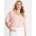 Emerge - Womens Summer Tops - Pink Tshirt / Tee - Cotton - Smart Casual Clothing - Blush - Relaxed Fit - Elbow Sleeve - Square Neck - Regular - Wear