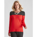 Noni B - Womens Jumper - Regular Winter Sweater - Red Pullover - Two Tone Casual - Long Sleeve - Barbados Cherry - Crew Neck - Office Work Clothing