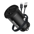 Philips Dual USB-A Port Mobile Phone Car Travel Charger w/ Type-C Cable Black