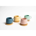 Set Of 4 Coffe/Tea Cup With Bamboo Coasters Lovey Trendy Assorted Colors 250ml