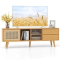 Giantex Bamboo TV Stand Entertainment Unit Media Console Table w/Glass & Rattan Sliding Door/Drawers