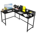 Costway L-shaped Computer Desk Gaming Table Steel Frame 2 Shelves Home Office Black