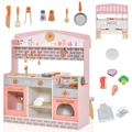 Costway 2 in 1 Kids Pretend Playset Kitchen Toy Wood Role-Play Cooking Set w/Cookware Children Gift Pink