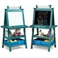Costway 2-in-1 Kids Art Easel Children Painting Easel Whiteboard Chalkboard Stand w/Drawing Paper & 2 Cups Storage Boxes Blue