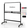 Costway Double-Side Whiteboard Mobile Magnetic White Board Adjustable Heights w/Markers 120x60cm Black
