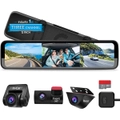 PORMIDO Triple Mirror Dash Cam 12" with Detached Front and In-Car Camera,Waterproof Backup Rear View Dashcam anti Glare 1296P IPS Touch Screen,Starvis Night Vision,Gps,Parking Assistance