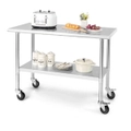 Costway Mobile Food Prep Table Commercial Work Bench Stainless Steel Restaurant Kitchen 122 x 61CM w/Wheels & Adjustable Shelf