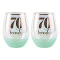 2PK Glitter 70th Celebration Stemless Wine Glass Green 600ml Drinking Tumbler