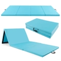 Costway 4-Panel Folding Gymnastics Mat Thick PU Leather Exercise Tumbling Mat w/Handles 4-Sided Hook & Loop Fasteners Blue