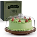 Acacia Wood Rotating Cake Stand with Dome Lid and Acrylic Cover - Rotatable